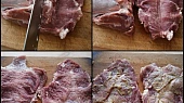 Plecko s kaki příchutí, Pokud nemáme naporcované maso přímo z masny,ukrojíme si plátky masa podle fotopostupu.Maso naklepeme,okořeníme a potřeme hořčicí