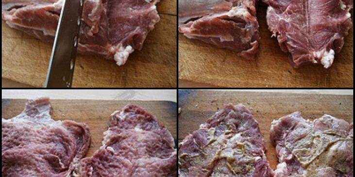 Pokud nemáme naporcované maso přímo z masny,ukrojíme si plátky masa podle fotopostupu.Maso naklepeme,okořeníme a potřeme hořčicí