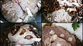 Špikovaná a na hříbkách dušená hovězí kližka, Maso prošpikujeme slaninou a na tuku,kostičkách slaniny a drobně pokrájené cibuli necháme prudce zatáhnout.Podlujeme vodou,přidáme hříbky a koření a dusíme domě