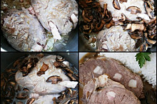 Maso prošpikujeme slaninou a na tuku,kostičkách slaniny a drobně pokrájené cibuli necháme prudce zatáhnout.Podlujeme vodou,přidáme hříbky a koření a dusíme domě
