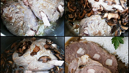Špikovaná a na hříbkách dušená hovězí kližka, Maso prošpikujeme slaninou a na tuku,kostičkách slaniny a drobně pokrájené cibuli necháme prudce zatáhnout.Podlujeme vodou,přidáme hříbky a koření a dusíme domě