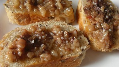 Daub de boeuf (dušené hovězí maso s červeným vínem, česnekem a tymiánem), Horký morek na bagetě se solí- bašta