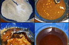 Oba druhy cukru v rozehřátémmkastrolu zkaramelizujeme,zalijeme vodou a mírným varem rozvaříme