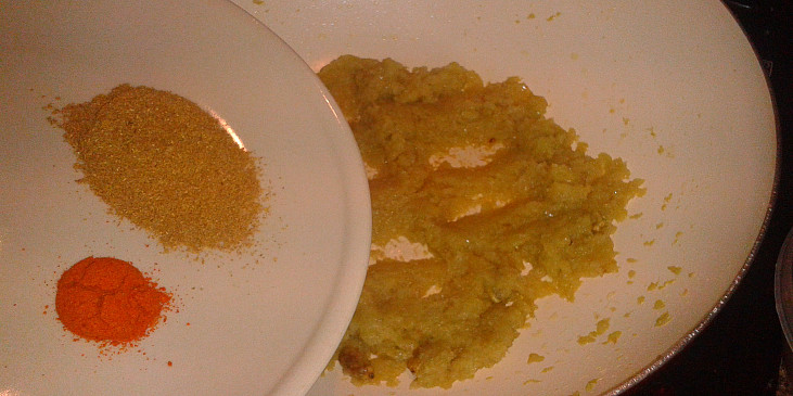 Pistáciová kuřecí korma (osmažená cibule a přidávám koření)