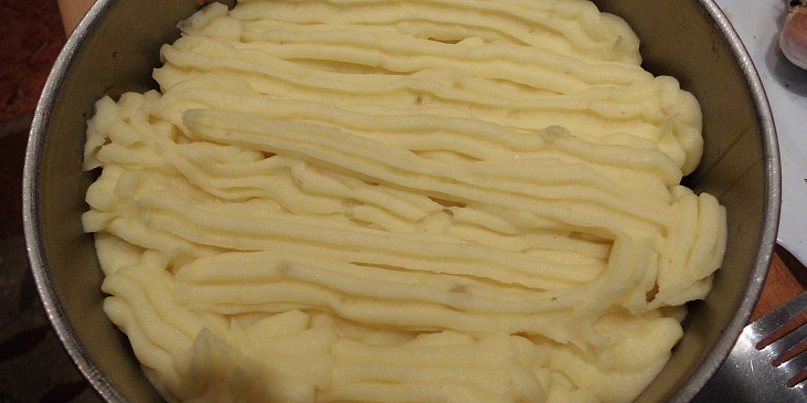 po přidání a orestování s masem pokryjem bramborovou kaší,kterou nastříkáme cukrářským sáčkem