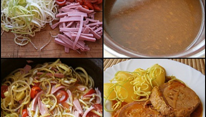 Šťáva (omáčka) k masu, Zeleninu a uzeninu nakrájíme a vložíme do usmažené a naředěné zásmažky.Okořeníme,provaříme a podáváme