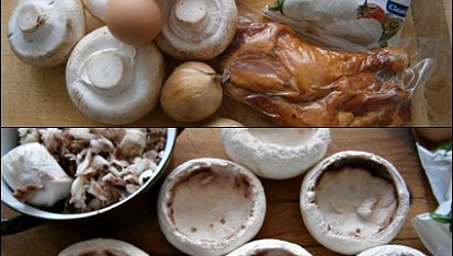 Žampiony s uzeným a vejci, zapečené s Mozzarellou, Část použitých surovin.Kloboučky vydlabeme