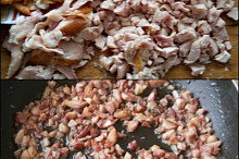 Maso nakrájíme a osmažíme.Osmažíme i nadrobno nakrájené cibulky