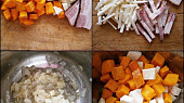 Dýňovo-celerová polévka/krém, Zeleninu nakrájíme na  kostky,kousek celeru a slaninu na tenké nudličky.Orestujeme cibuli,přidáme zeleninu,koření,vodu a vaříme 20minut