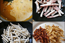 Do zlaté barvy osmažíme slaninu,do výpeku po ní dáme celer a také osmažíme a vše dáme stranou.Do krému,dáme pom.máslo,smetanu,česnek a bylinky a povaříme