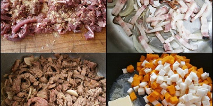 Nudličky masa poprášíme zázvorem,na oleji orestujeme slaninu s cibulí,přidáme česnek,maso,zatáhneme a dusíme.Na máslo dáme kostičky zeleniny