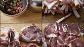 Kližka v zelenině, na černém pivu - připraveno v papiňáku, Kulaté koření vložíme do vajíčka.Snaninu nakrájíme na špalíčky.Z masa nařažeme plátky,naklepeme,nařízneme a okořeníme