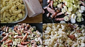Špecle s uzeninou, mozzarellou a vejci, Část použitých surovin.Osmahneme uzeninu,přidáme cibuli a orestujeme.Přidáme okapané špecle
