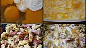 Špecle s uzeninou, mozzarellou a vejci, Vejce rozšleháme se smetanou,přidáme mozzarellu a vmícháme do osmažené směsi.Necháme srazit,ochutíme a podáváme