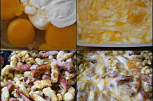 Vejce rozšleháme se smetanou,přidáme mozzarellu a vmícháme do osmažené směsi.Necháme srazit,ochutíme a podáváme