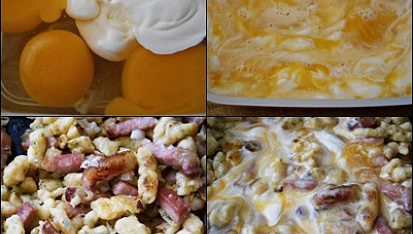 Špecle s uzeninou, mozzarellou a vejci, Vejce rozšleháme se smetanou,přidáme mozzarellu a vmícháme do osmažené směsi.Necháme srazit,ochutíme a podáváme