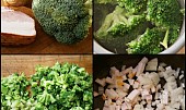 Brokolice jako příloha k různě upravenému masu, Suroviny upravíme,cibuli a špek nakrájíme a orestujeme