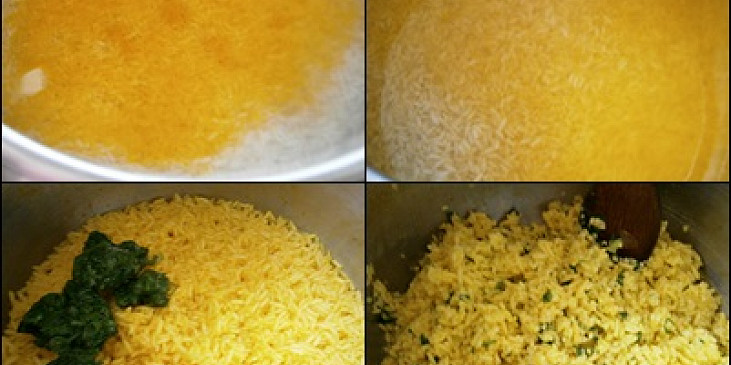 Do papiňáku s osolenou vodou a rýží přidáme 1/2kl kurkumy,promícháme a uvaříme.Do hotové rýže zamícháme bylinky