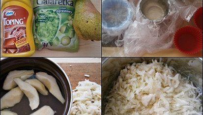 Hruškové mlsání, Použité potraviny+vyložené formičky.Hrušky oloupeme a nastrouháme