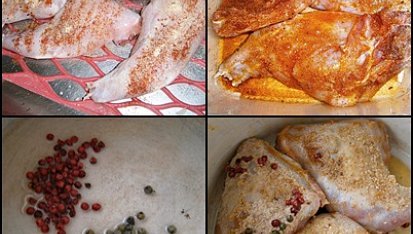 Králík na pepři, v rajčatové šťávě, Porce králíka okořeníme,vetřeme olej a necháme uležet.Na oleji necháme rozvonět kuličky pepře a poté porce králíka prudce opečeme