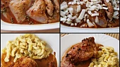 Králík na pepři, v rajčatové šťávě, Opečené maso dáme do zapékací nádoby,přidáme zbytek surovin a upečeme doměkka.Jako příloha byly noky-špecle