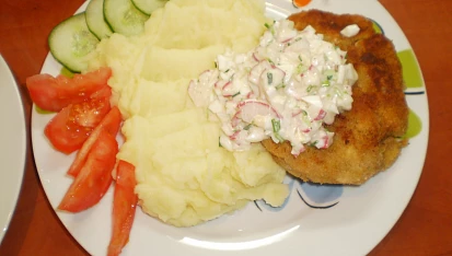Luštěninové karbanátky s jarní remuládou a bramborovou kaší, připraveno