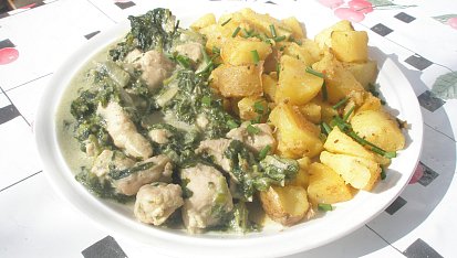 Penne s kuřecím masem a listovým špenátem