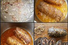 Orestujeme slaninu s cibulí,přidáme závitky prudce zatáhneme.Podlijeme a dusíme doměkka.Šťávu doděláme a měkké maso nakrájíme na porce
