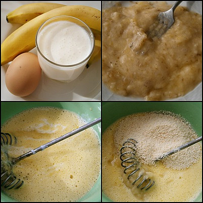 Banánové lívanečky s kefírem, Banány na talířku vidličkou rozmačkáme,přidáme k ušlehanému vejci s kefírem,dáme strouhanku a umícháme těstíčko