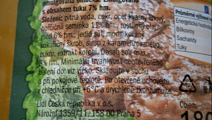 Krůtí játra v medové šťávě, Složení omáčky zakoupené v Lidlu