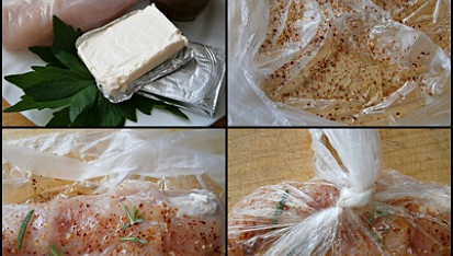 Kuřecí prso s brusinkami, Část použitých surovin.Do sáčku dáme olej,okořeníme,položíme maso,opět okořeníme a sáček uzavřeme.Promasírujeme a dáme do lednice uležet i s namočenými brusin.