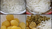 Ryby v semínkovém trojobalu s cibulovo bramborovým salátem, Nakrájené cibule dáme na 2minuty do vařící vody,poté necháme v cedníku okapat.Ostatní suroviny nakrájíme do mísy přidáme cibuli,koření a nálev