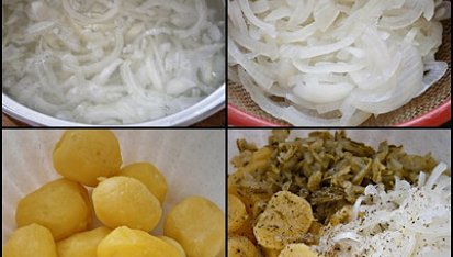 Ryby v semínkovém trojobalu s cibulovo bramborovým salátem, Nakrájené cibule dáme na 2minuty do vařící vody,poté necháme v cedníku okapat.Ostatní suroviny nakrájíme do mísy přidáme cibuli,koření a nálev