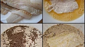 Ryby v semínkovém trojobalu s cibulovo bramborovým salátem, Filety osušíme,překrojíme a mírně osolené obalíme v trojobalu