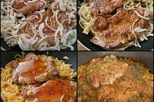 Okořeněné maso dáme na orestovanou cibuli osmažit po obou stranách.Zakápneme chilli,podlijeme vývarem a pod pokličkou dusíme doměkka
