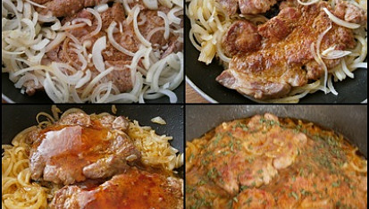 Vepřová krkovice s brokolicí, dušená na cibuli, Okořeněné maso dáme na orestovanou cibuli osmažit po obou stranách.Zakápneme chilli,podlijeme vývarem a pod pokličkou dusíme doměkka