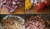 Vepřové srdíčko na zelenině ,připravené v papiňáku, Suroviny nakrájíme.Na slanině,špeku a kmínu prudce orestujeme maso