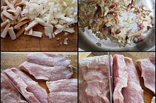 Nakrájený špek a cibuli orestujeme.Pokud koupíme maso vcelku,nakrájíme na plátky tak,že do masa zařízneme,ale nedořízneme až dokonce, druhý plát dořízneme