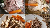 Vývar z králíka se zeleninou a strouháním, Kosti po vykostění králíka dáme společně s kořením a zeleninou uvařit,poté scedíme,zeleninu a obrané maso nakrájíme