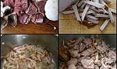 Hovězí kostky s vůní uzeného, připraveno v papiňáku (Suroviny nakrájíme,slaninu s cibulí a kmínem orestujeme a dáme zatáhnout kostky masa)
