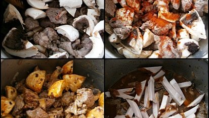 Hovězí kostky s vůní uzeného, připraveno v papiňáku, Přidáme žampiony,papriku,osolíme,opepříme,podlijeme a dusíme doměkka.Přidáme uzené,záklechtku a provaříme