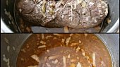 Hovězí roláda s cuketou a šalvějí (Měkké maso vyjmeme,uchováme v teple a šťávu zahustíme a dochutíme)