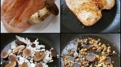 Kuřecí prso s hříbkem, Maso nařízneme,rozložíme,naklepeme a okořeníme.Dáme na chvilku uležet.Poté na tuku osmažíme .Ve výpeku podusíme hříbek s cibulí,přidáme koření a promícháme