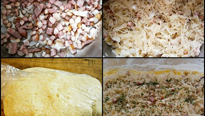 Šneky z "domácího listového" těsta, Podušenou náplň dáme vychladit.Těsto rozválíme na silnější plát