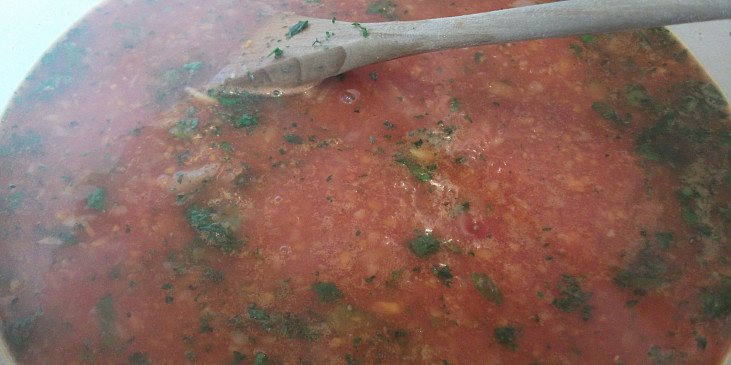 Špagety s rajčatovou omáčkou z jednoho hrnce (provařená omáčka před přidáním špaget)