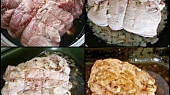 Vepřová krkovice plněná česnekem, Naplněné maso dáme přes noc do marinády.Poté ho osušíme,orestujeme a dáme s marinádou upéct doměkka