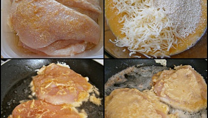 Kuřecí řízky v sýrovém těstíčku po sté, se šťouchanými bramborami, Z uvedených surovin umícháme hustější těstíčko.Řízky obalíme z jedné strany a dáme usmažit.Poté těstíčkem potřeme vrchní stranu a otočíme do tuku dosmažit