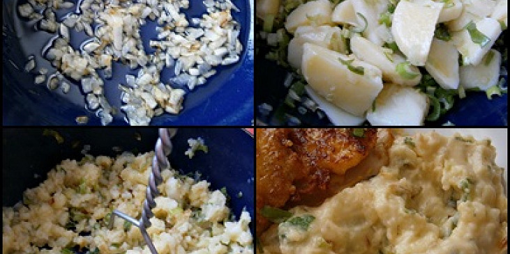 Na másle osmažíme nakrájenou cibuli,přidáme brambory a zelenou cibulovou nať.Zalijeme mlékem a ušťoucháme