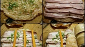 Kuřecí závitky s mrkví a slaninou, Přes folii naklepeme a poklademe uvedenými surovinami.Zavineme do závitku