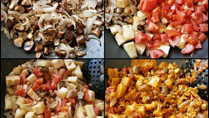 Lilek s bulgurem, Na osmaženém špeku orestujeme cibule,přidáme hříbky,lilek,rajčata,okořeníme a podusíme.Do hotového vmícháme bulgur,bylinky a prohřejeme